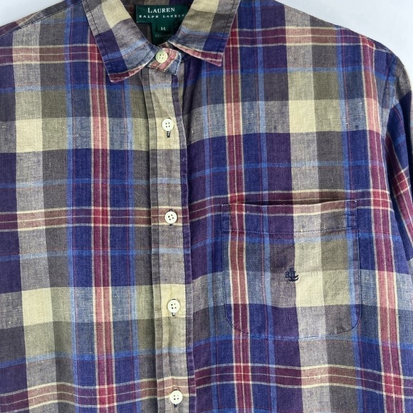 Lauren Ralph Lauren Women Plaid Linen Buttondown Shirt Size M - Picture 2 of 6